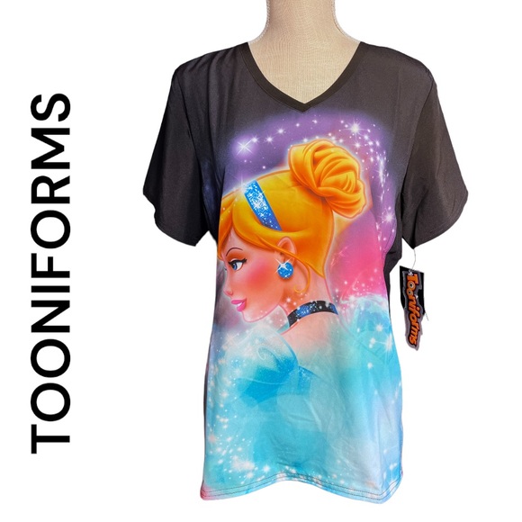 *SOLD*TOONIFORMS DISNEY Cinderella Dream Black V-Neck Scrub Top Shirt Medium NWT - Picture 1 of 9